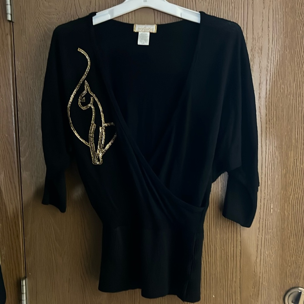 Vtg Baby Phat Y2K Bat Wing Rhinestone Cat Sweater Top Womens Sz L Faux Wrap USA